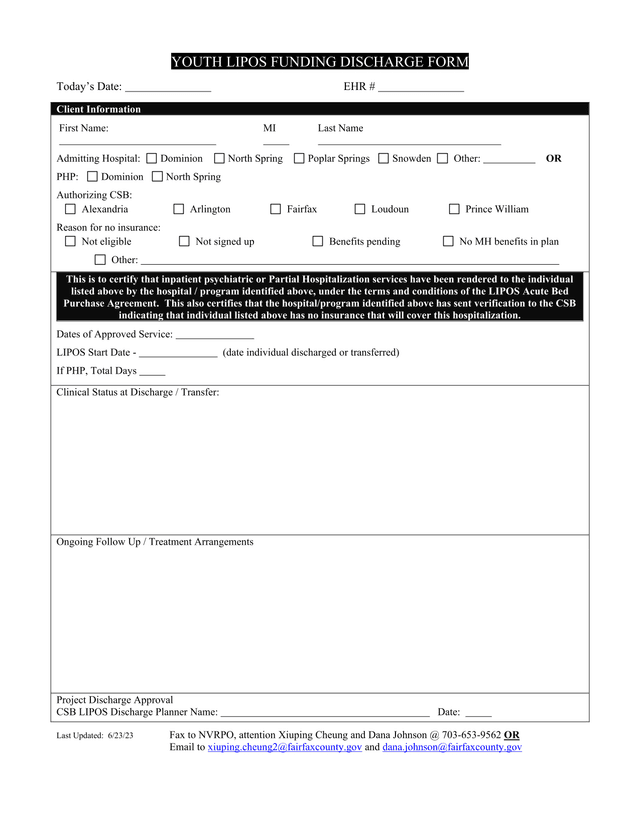 Youth LIPOS Funding Discharge Form screenshot