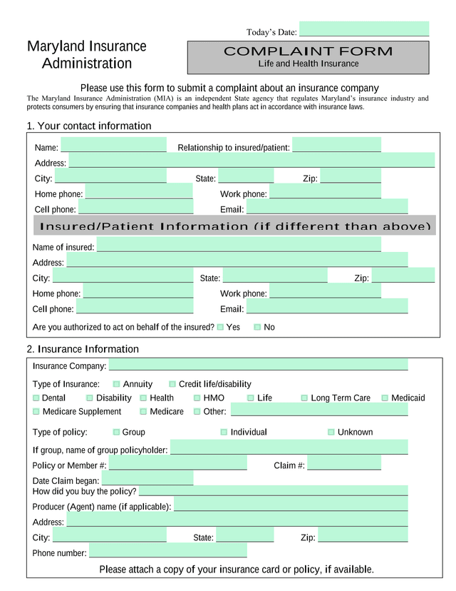Maryland Insurance Administration Complaint Form   Life And Health Insurance screenshot