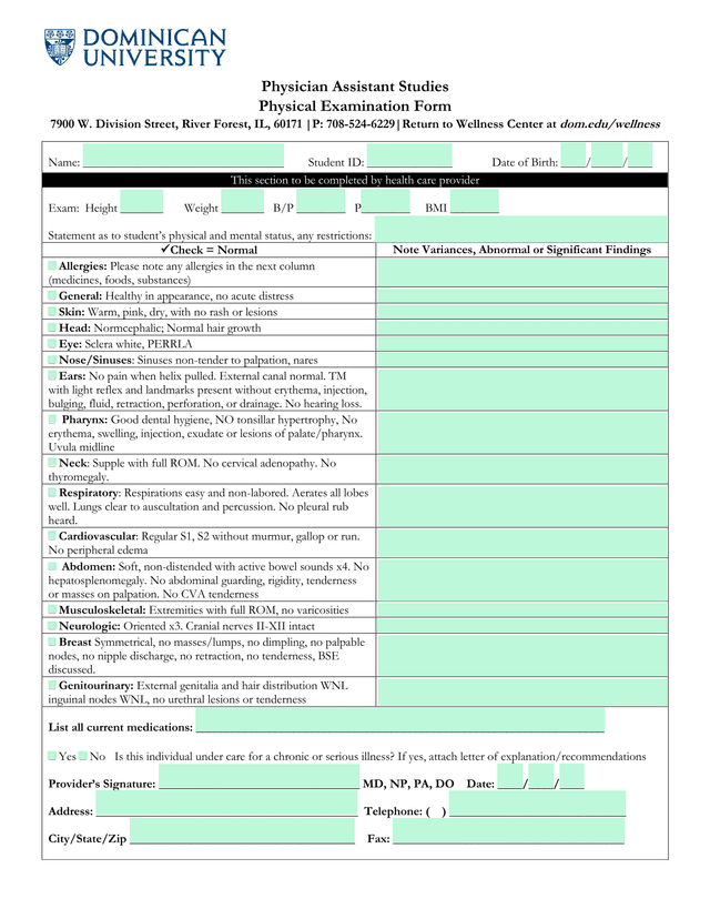 Physical Examination Form screenshot
