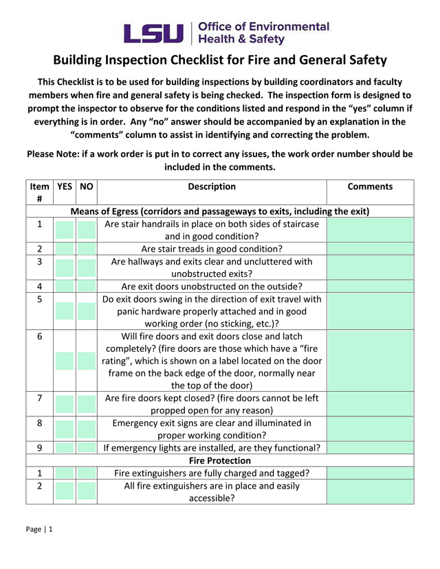 Building Inspection Checklist For Fire And General Safety screenshot
