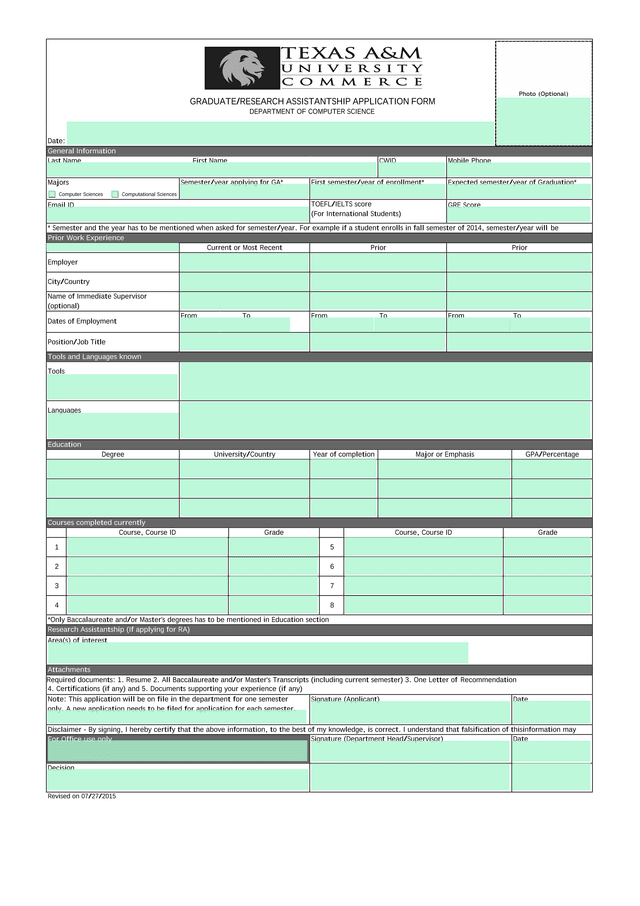GraduateResearch Assistantship Application Form screenshot