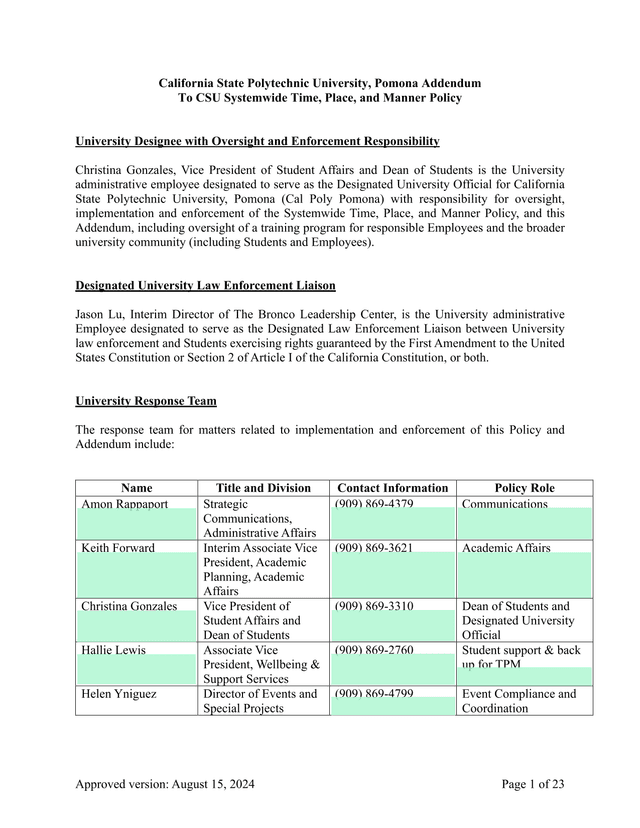 Cal Poly Pomona Time, Place, And Manner Policy Addendum screenshot