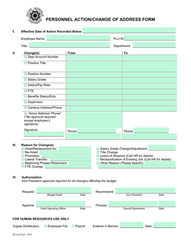 PERSONNEL ACTIONCHANGE OF ADDRESS FORM screenshot