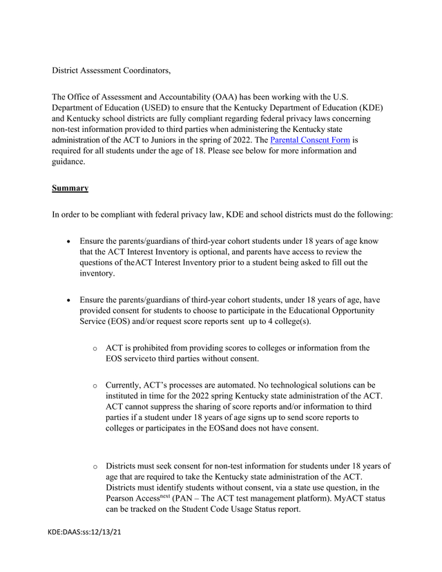 Parental Consent Form For ACT State Administration screenshot