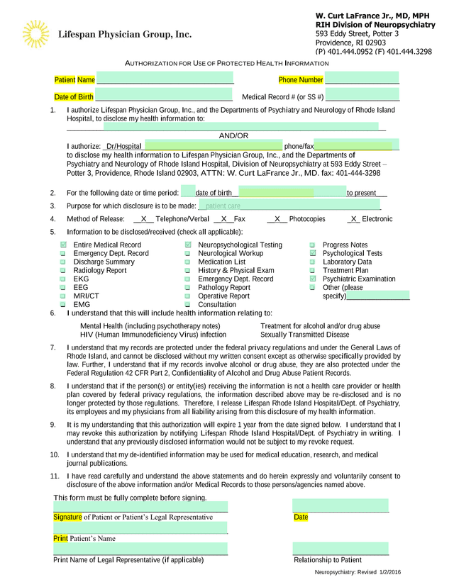 Authorization For Use Of Protected Health Information screenshot