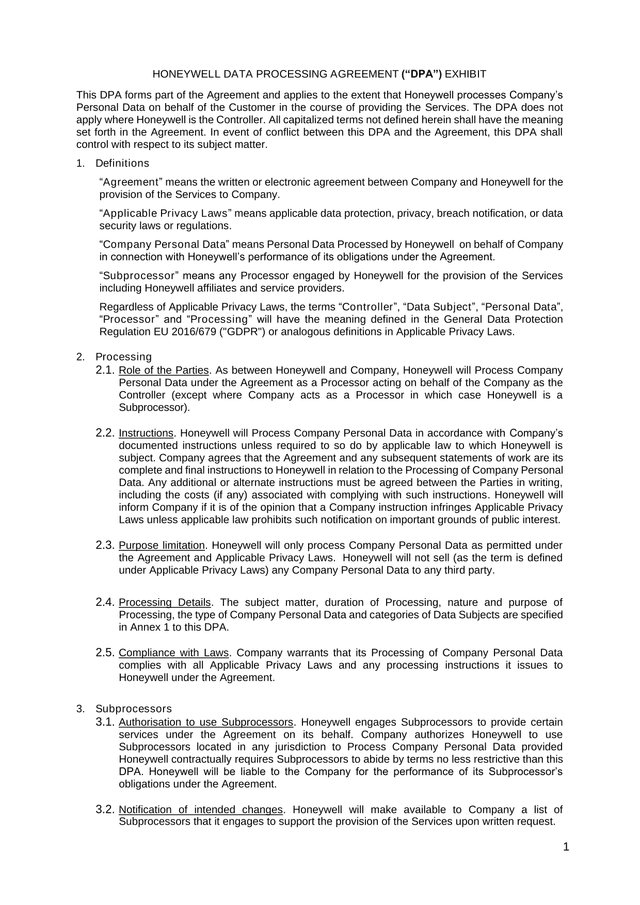 Honeywell Data Processing Agreement (DPA) screenshot