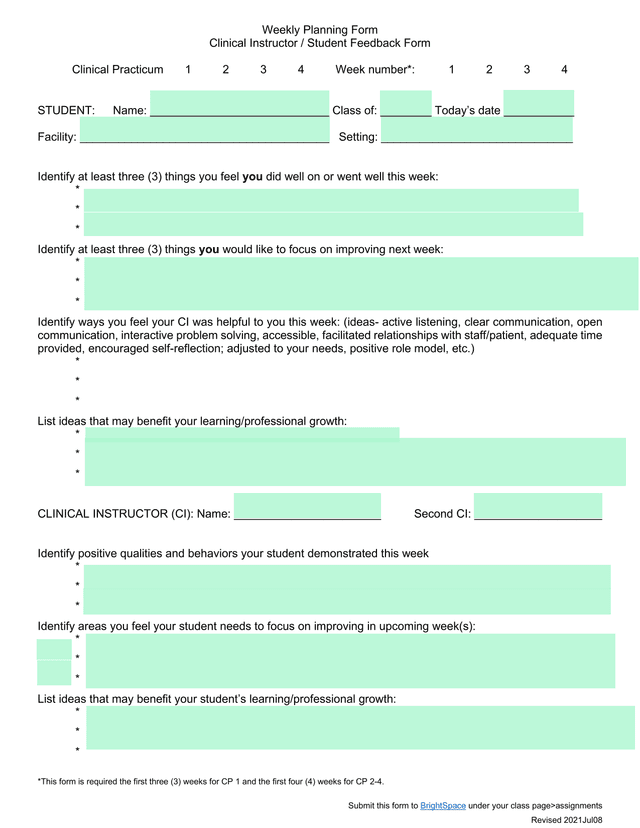 Weekly Planning Form Clinical Instructor  Student Feedback Form screenshot
