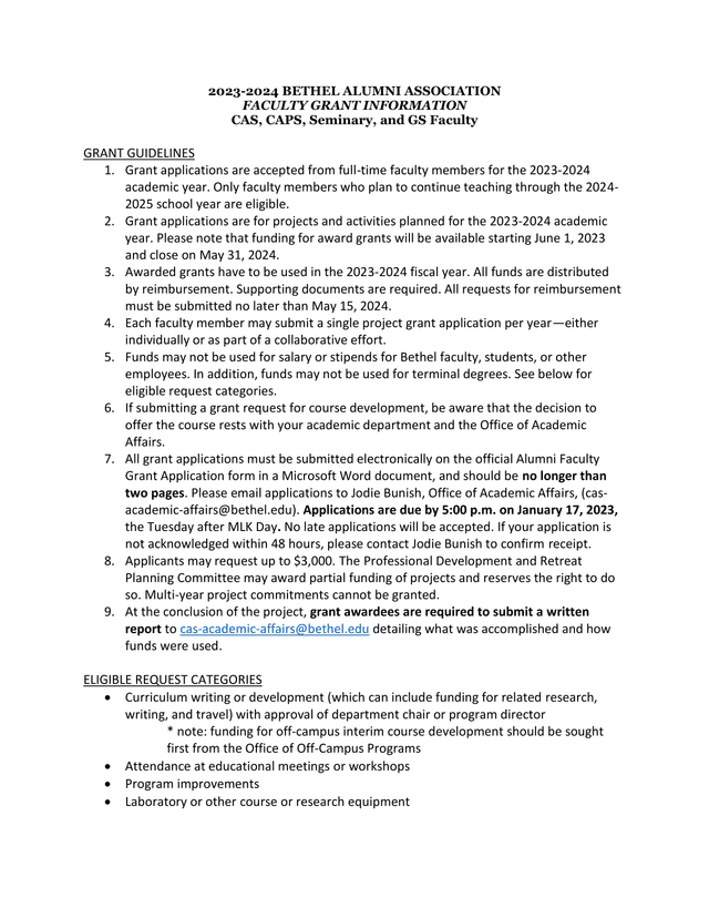 Bethel Alumni Association Faculty Grant Information screenshot