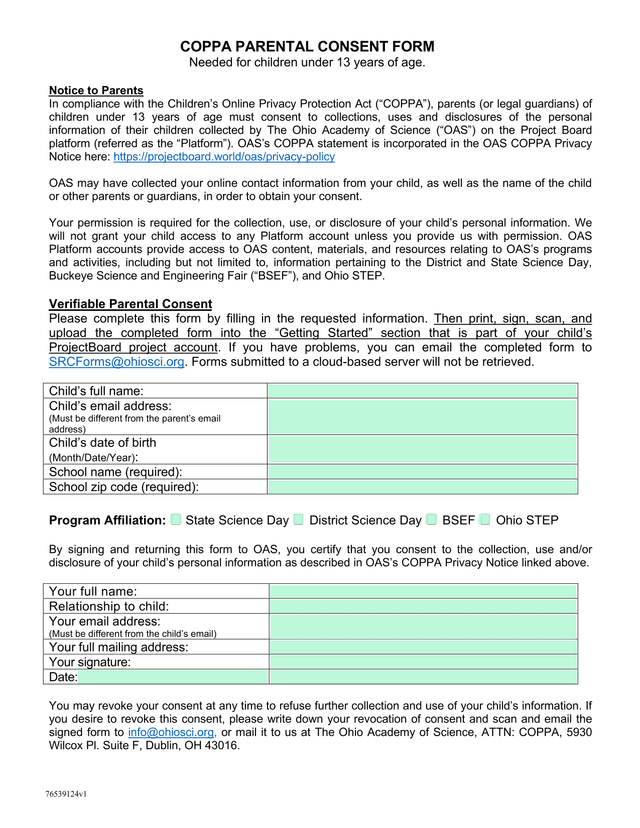 COPPA Parental Consent Form screenshot