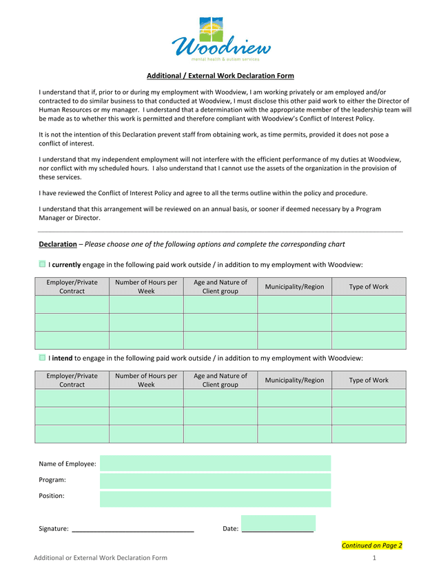 Additional Or External Work Declaration Form screenshot