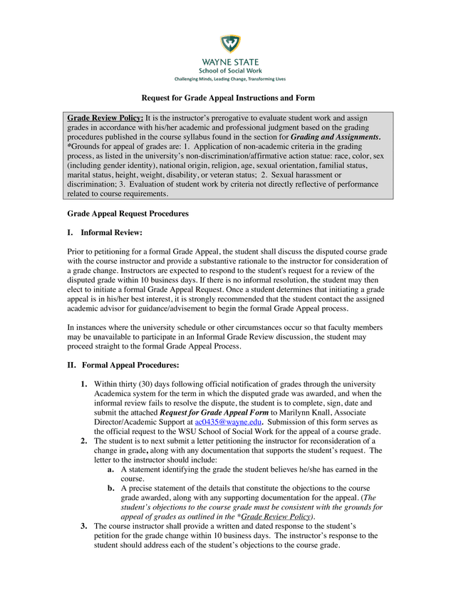 Request For Grade Appeal Instructions And Form screenshot
