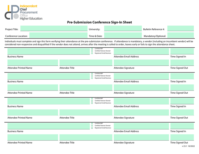 Pre Submission Conference Sign In Sheet screenshot