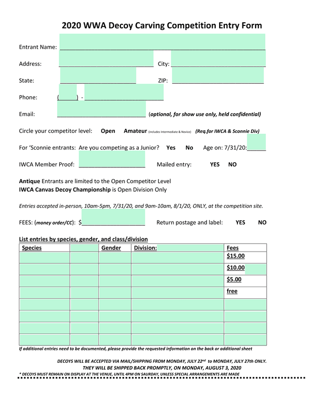 2020 WWA Decoy Carving Competition Entry Form screenshot