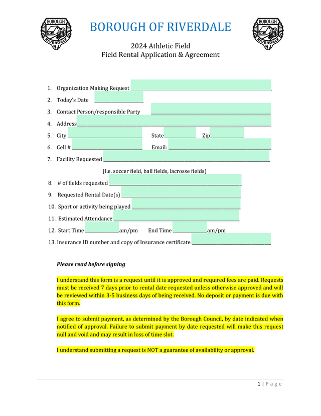 2024 Athletic Field Rental Application  Agreement screenshot