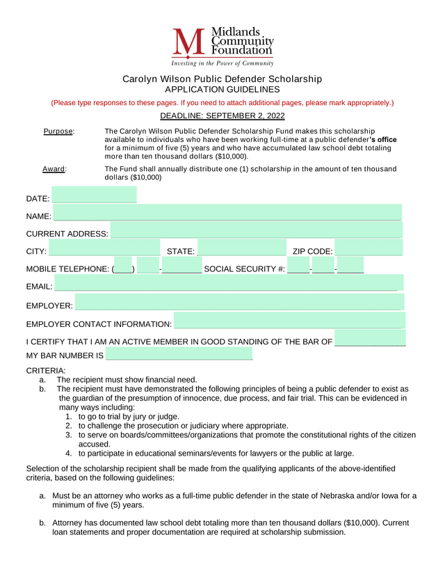 Carolyn Wilson Public Defender Scholarship APPLICATION GUIDELINES screenshot