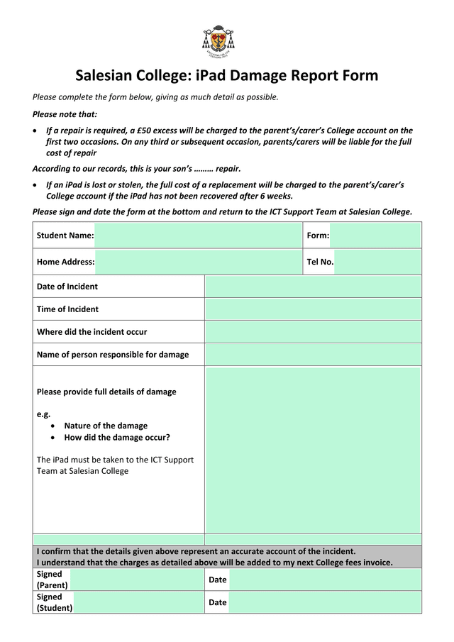IPad Damage Report Form screenshot