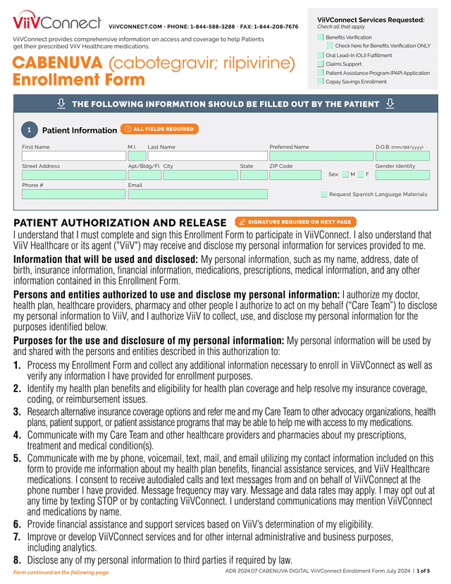 CABENUVA DIGITAL ViiVConnect Enrollment Form screenshot