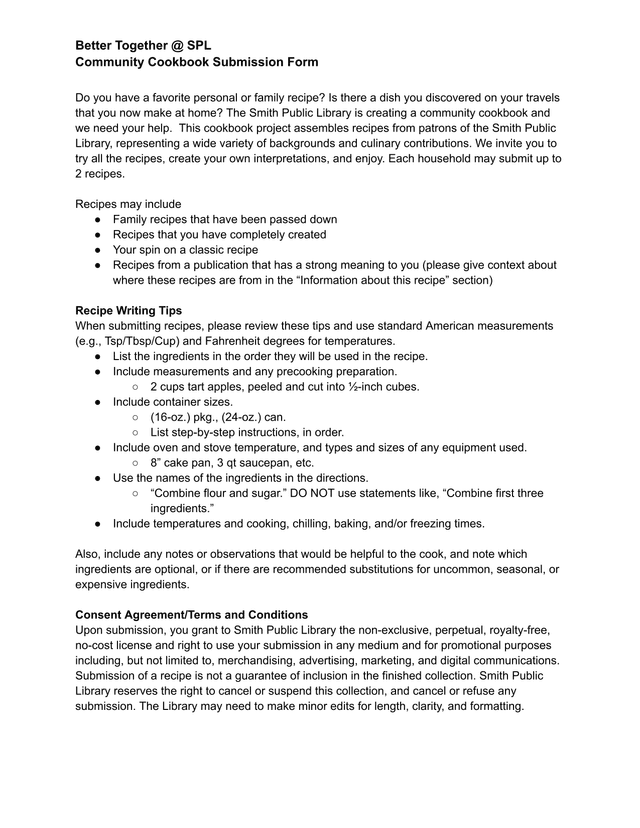 Community Cookbook Submission Form screenshot