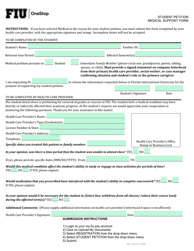 STUDENT PETITION MEDICAL SUPPORT FORM screenshot