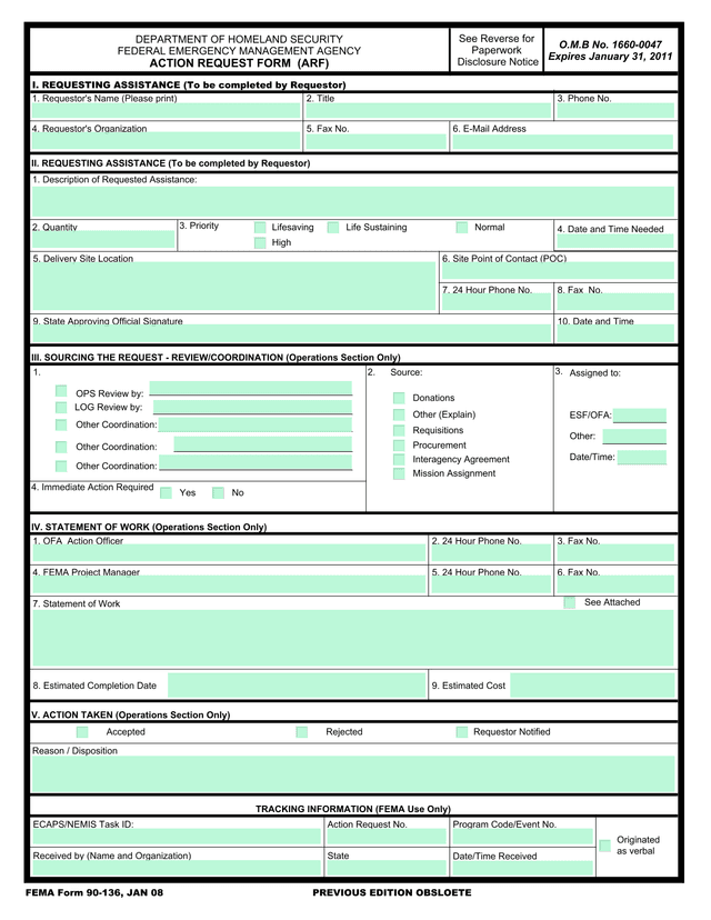 FEMA Form 90 136, Action Request Form (ARF) screenshot