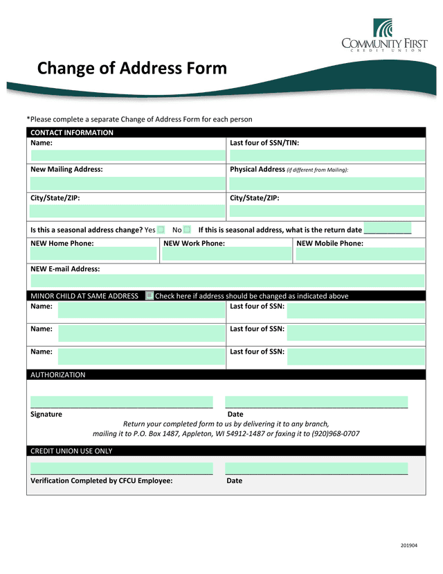 Change Of Address Form screenshot