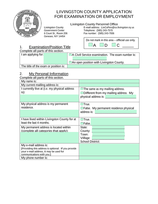LIVINGSTON COUNTY APPLICATION FOR EXAMINATION OR EMPLOYMENT screenshot