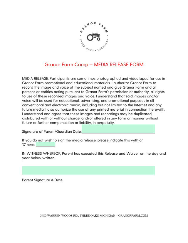 Granor Farm Camp  MEDIA RELEASE FORM screenshot