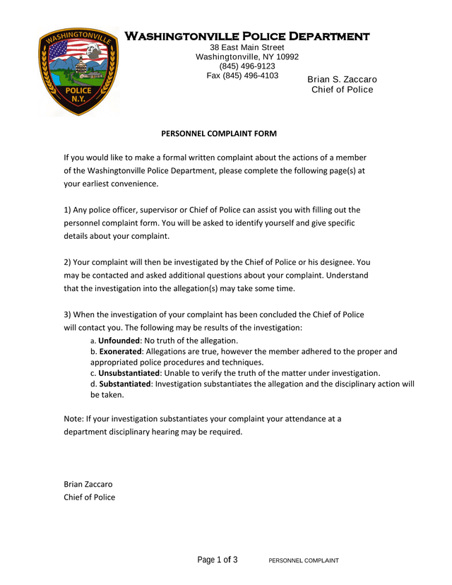 Personnel Complaint Form screenshot