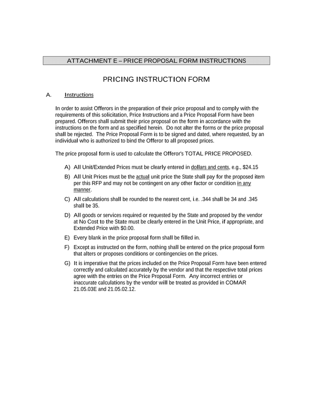 ATTACHMENT E  PRICE PROPOSAL FORM INSTRUCTIONS screenshot