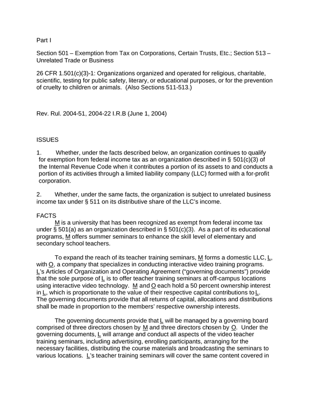 Rev. Rul. 2004 51 Organization Exemption And Unrelated Business Income Tax screenshot