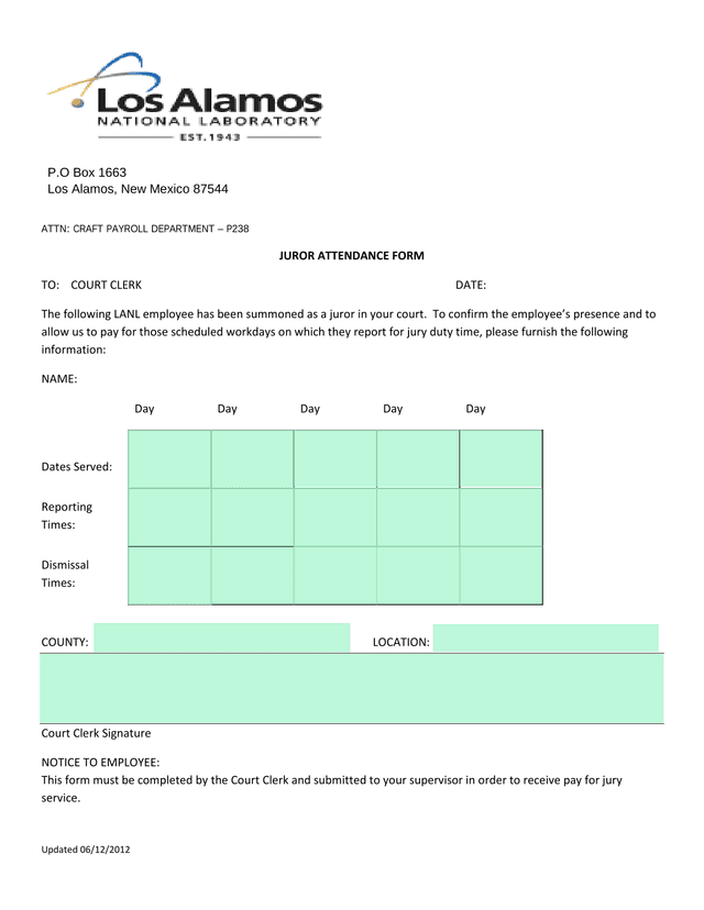 Juror Attendance Form screenshot