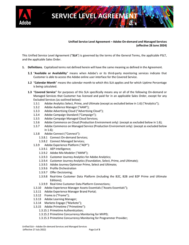 Unified Service Level Agreement screenshot