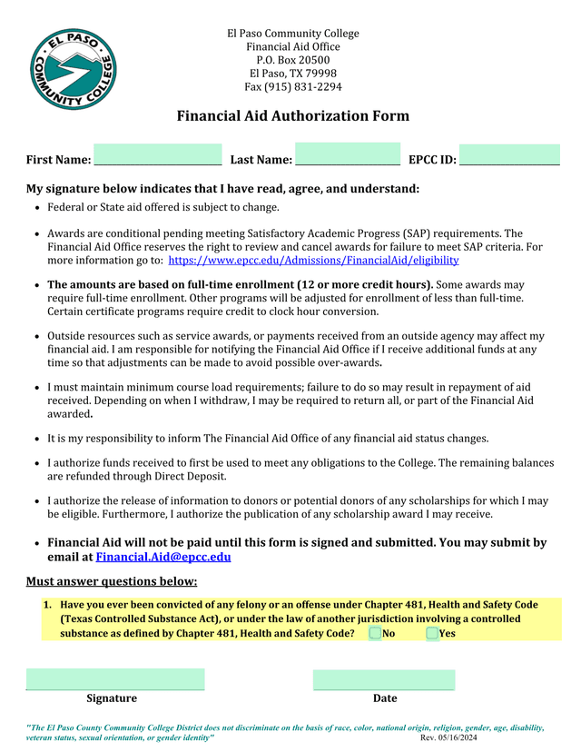 Financial Aid Authorization Form screenshot