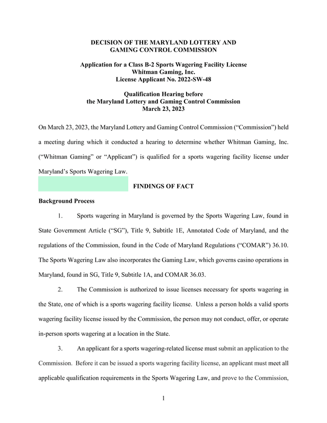 Decision Of The Maryland Lottery And Gaming Control Commission   Whitman Gaming, Inc. Sports Wagerin screenshot