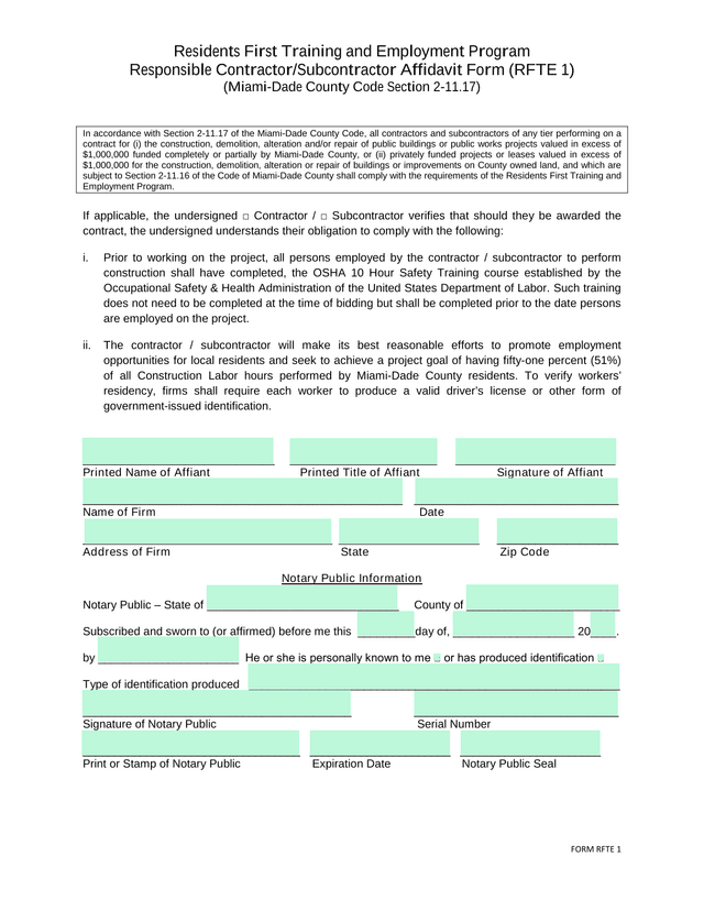 FORM RFTE 1   Residents First Training And Employment Program Responsible ContractorSubcontractor Af screenshot