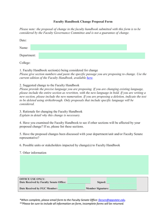 Faculty Handbook Change Proposal Form screenshot