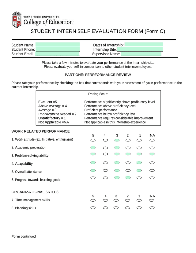 STUDENT INTERN SELF EVALUATION FORM (Form C) screenshot