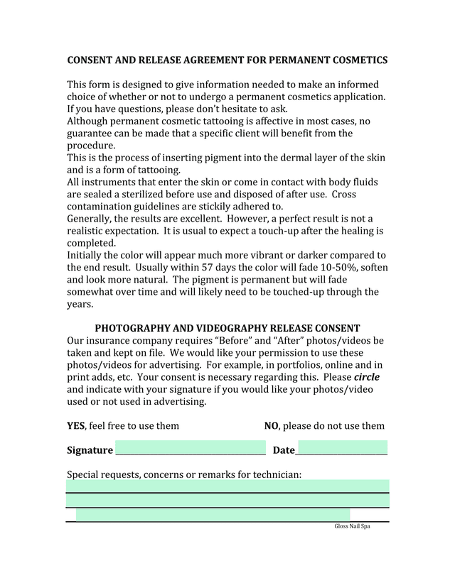 CONSENT AND RELEASE AGREEMENT FOR PERMANENT COSMETICS screenshot