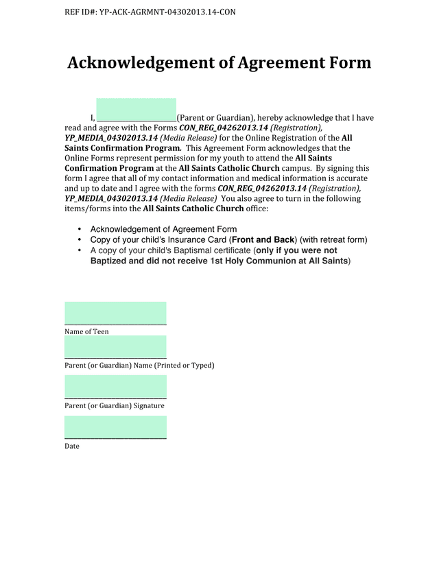 Acknowledgement Of Agreement Form screenshot