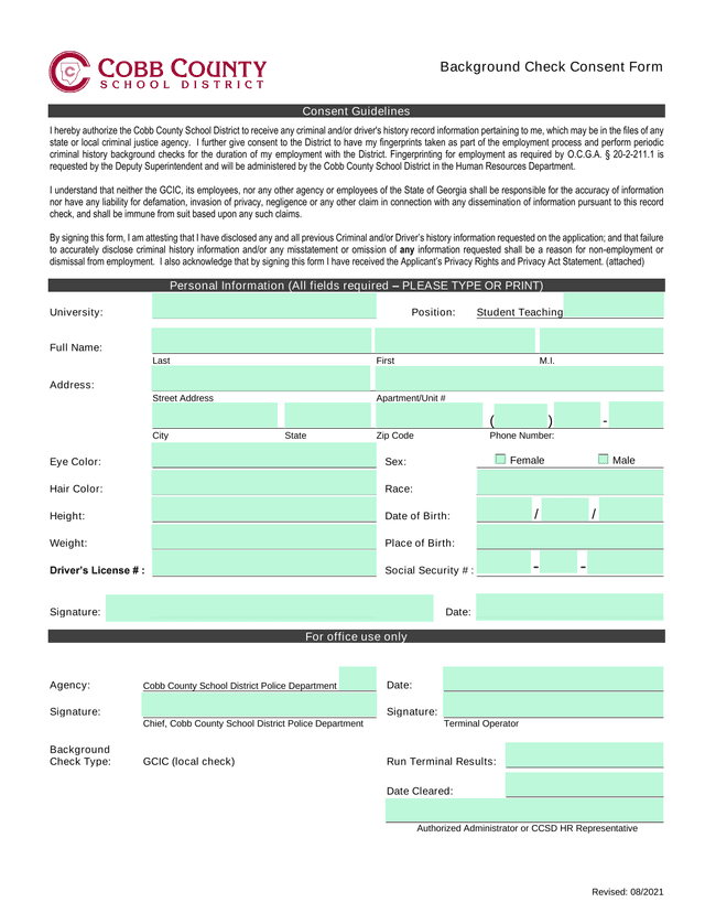 Background Check Consent Form screenshot
