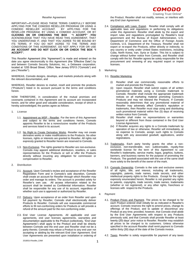 Reseller Agreement screenshot