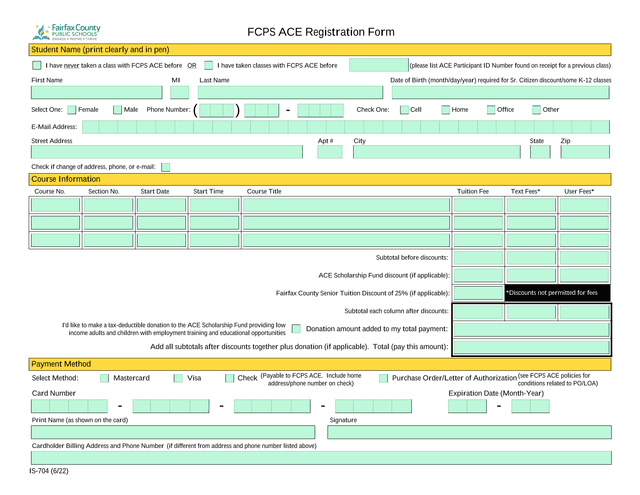FCPS ACE Registration Form screenshot