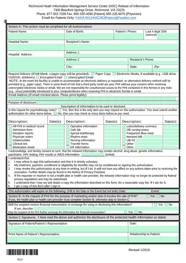 Richmond Heath Information Management Service Center (HSC) Release Of Information screenshot