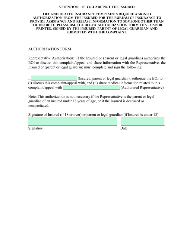 Authorization Form For Insurance Complaint screenshot