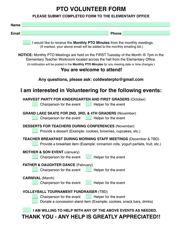 PTO VOLUNTEER FORM screenshot