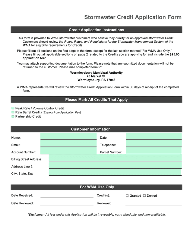 Stormwater Credit Application Form screenshot