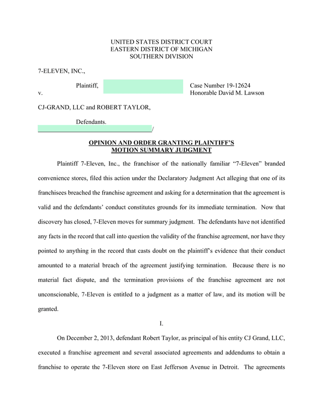 Declaratory Judgment Action   7 Eleven, Inc. V. CJ Grand, LLC And Robert Taylor screenshot