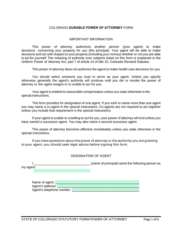 STATE OF COLORADO STATUTORY FORM POWER OF ATTORNEY screenshot