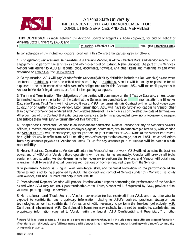 Independent Contractor Agreement For Consulting, Services, And Deliverables screenshot