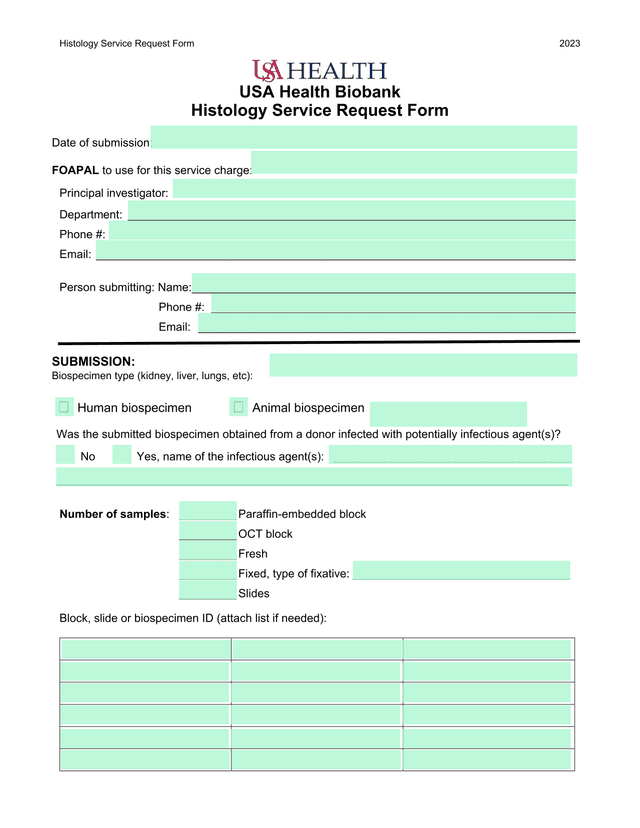 Histology Service Request Form screenshot